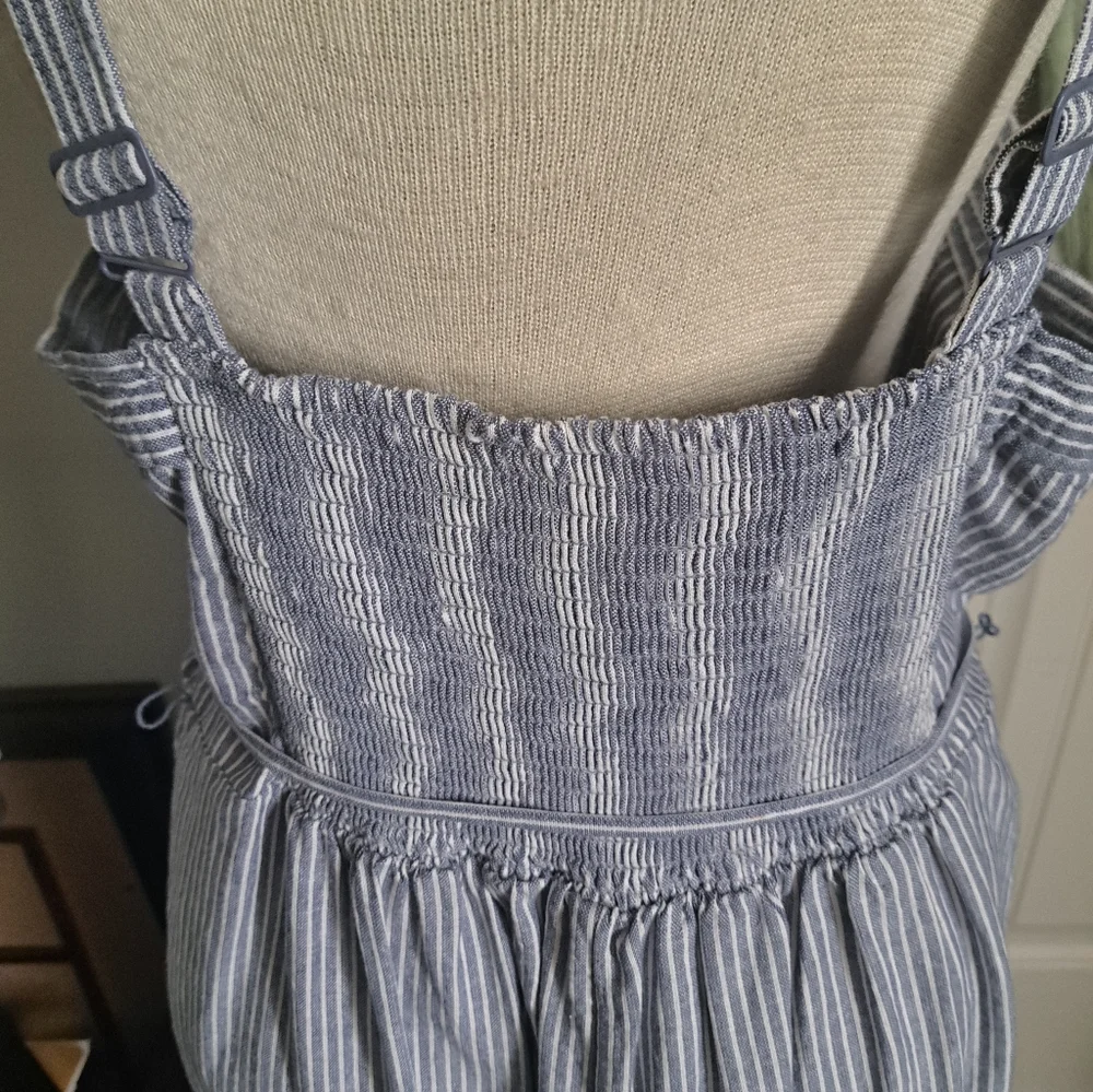 LINEN BLEND wide leg ankle jumper romper one piece stripe smocked coastal Sz L - Picture 4 of 7